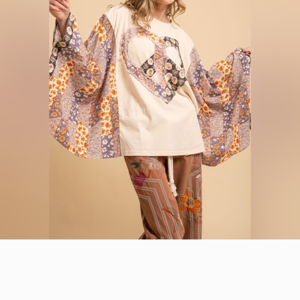 Bohemian Floral Long Sleeve Poncho Top Multi Color Patchwork Flora Peace Sign